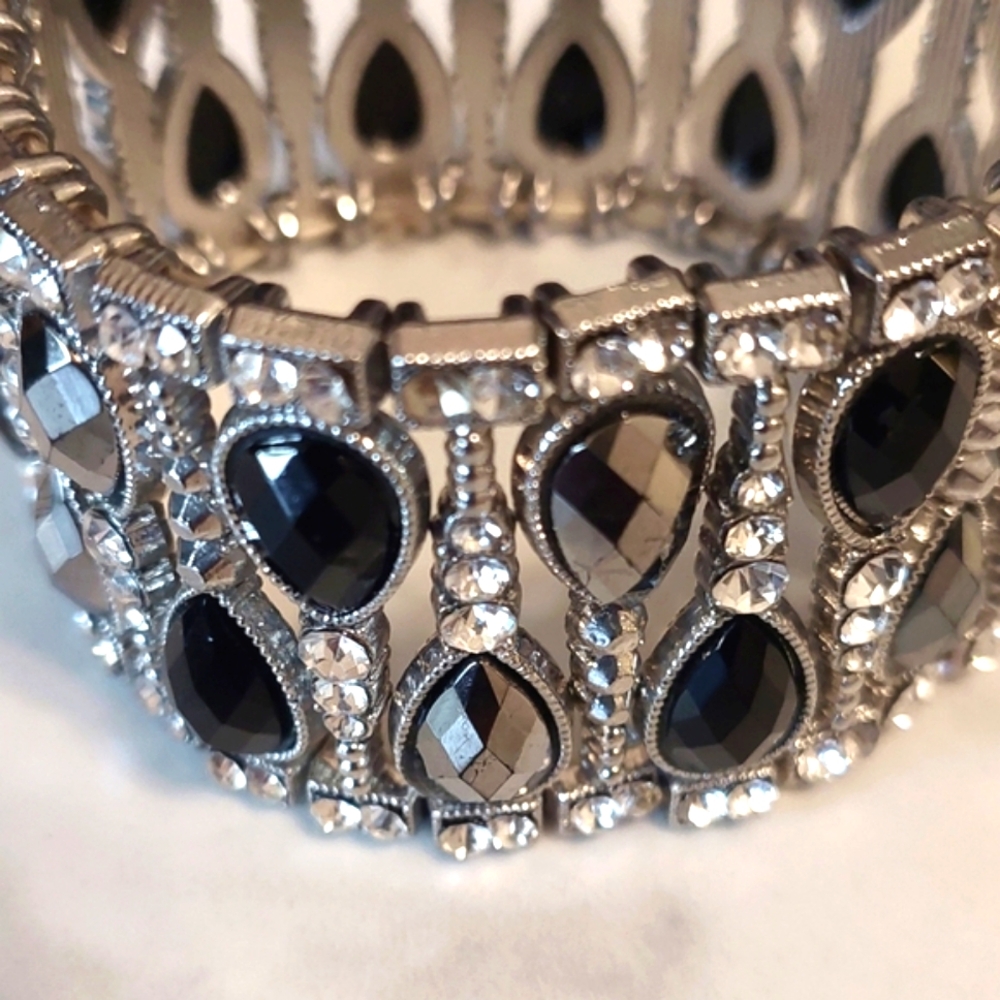 Vintage Multi Stone Black Silver Holiday Bracelet 20s Style
